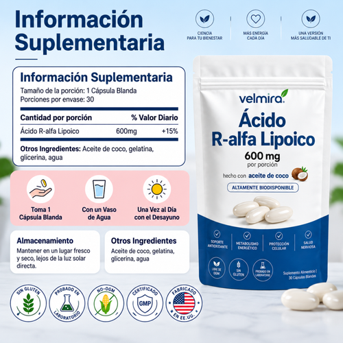 Ácido R-Alfa Lipoico — 600mg Cápsulas Blandas de R-Forma Pura